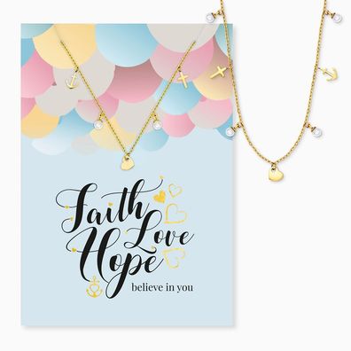 Grußkarte Faith, Love, Hope mit Umschlag und Edelstahl Kette MYSN-006-G Goldplattiert