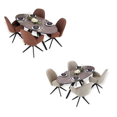 Esstisch mit 4 Stühlen Set Essgruppe Polsterstühle Drehbar Bouclé Leder Braun