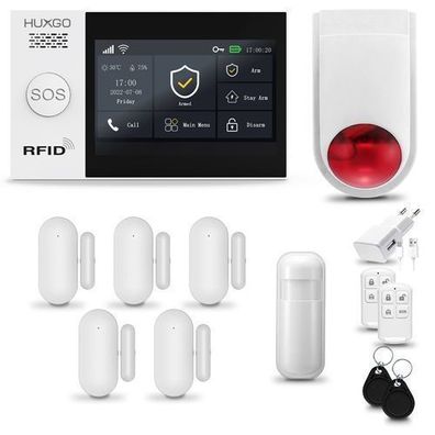Funk Alarmanlage Set WiFi + GSM 4G LTE mit Sirene, 5x Tür- Fenstersensor HXA007