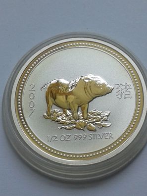 0,5$ 2007 50 cents 2007 Australien Lunar Schwein 1/2 Unze Silber 15,55g 999er Silber