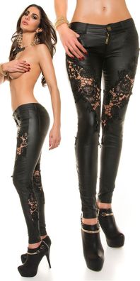 SeXy Miss Damen Wet Leder Look Hose Skinny Häkel Spitze Legs T40 L 38 Schwarz Neu