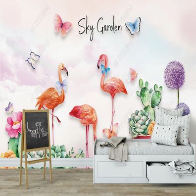 Vlies Fototapete Wandtapete Wandbilder 3D Flamingo Kaktus Sukkulente 11200