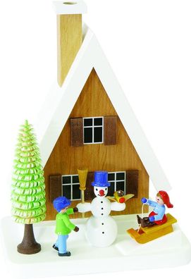 Richard Glaesser Rauchhaus mit Schneemann aus Seiffen im Erzgebirge