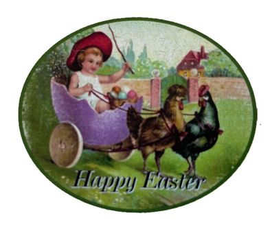 Nostalgie Holzschild Happy Easter Frohe Ostern Osterei Héhner Kind Wagen Schild