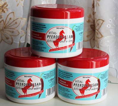 3x500ml Bio-Vital HOT Pferdebalsam Pferdesalbe Sport Gel erfrischt wärmt Chili