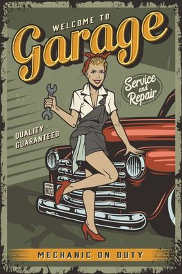 Nostalgie Schild Welcome to Garage Frau Auto 12x18 / 20x30 / 30x40 Blech od. Holz