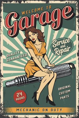 Nostalgie Schild Welcome to Garage Frau 12x18 / 20x30 / 30x40 Blech od. Holz