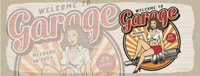 Schild Welcome To The Garage Mechanic On Duty Frau Auto 27x10 Blech od. Holz