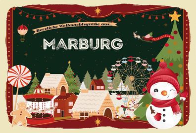 Schild Spruch Herzliche Weihnachtsgréße aus Marburg Comic Schneemann JW