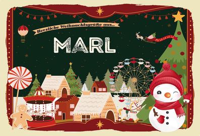 Schild Spruch Herzliche Weihnachtsgréße aus Marl Comic Schneemann JW