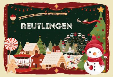 Schild Spruch Herzliche Weihnachtsgréße aus Reutlingen Comic Schneemann JW