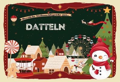 Schild Spruch Herzliche Weihnachtsgréße aus Datteln Comic Schneemann JW