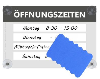 Öffnungszeiten Schild variabel wieder beschreibbar Acrylglas A4 30x20 4xSaugnapf