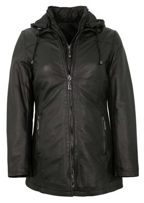 Existenz - Damen Ledermantel 2in1 Jacke Weste Kapuze Lammnappa schwarz