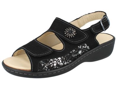 LONGO 1143588 Damen Sandale Sandalette Klettsandale schwarz Nubukleder Stretch