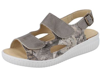 LONGO Damen Sandale Sandalette Klettsandale beige gris Glattleder bedruckt