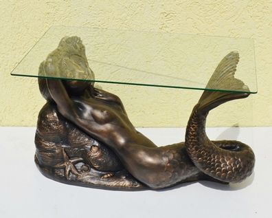 Glastisch mit Meerjungfrau Nixe Länge 80 cm aus Resin und Glas - bronzefarben