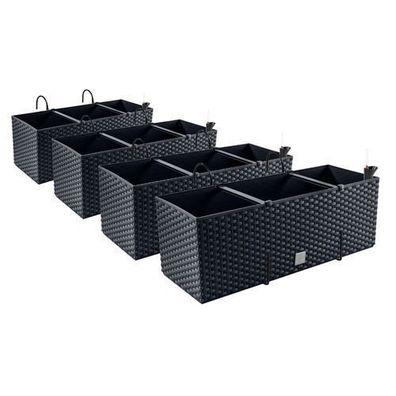 4x Balkonkasten Blumenkasten Rattan-Optik Pflanztopf Blumenkübel Anthrazit Haken