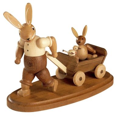 Osterfigur Hasenvater mit Kind auf Bollerwagen natur klein 11cm NEU Osterhase