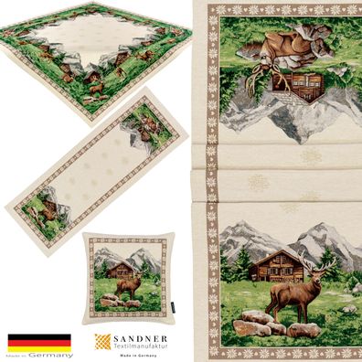 Gobelin Tischdecke Tischläufer Kissenbezug Hirsch Jagdmotiv Sandner Oberammergau