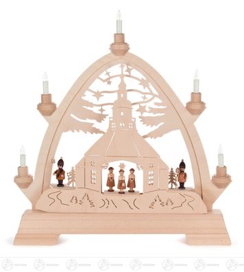 Schwibbogen Gotischer Bogen mit Seiffener Kirche, Kurrende und Laternenkindern