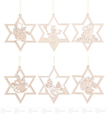 Baumschmuck Behang Weihnachtsmotive im Stern, Satz 2 (6) B= x H=ca 8,5 cmx8,5 cm