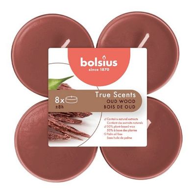 Duft-Maxilichter, Oud Wood, True Scents, Bolsius, Ø60 mm, Brenndauer ca. 8h, 8 Stück