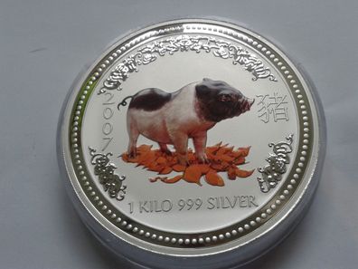Original 30$ 2007 Australien Lunar Schwein coloriert 1kg Silber 30 Dollars 2007