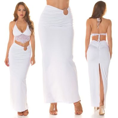 SeXy Miss Damen High Waist Maxi Rock Lang Raff Ring S 34 M 36 L 38 weiß Neu
