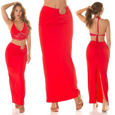 SeXy Miss Damen High Waist Maxi Rock Lang Raff Ring S 34 M 36 L 38 rot Neu