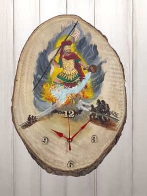 Wanduhr Baumscheibe mit handbemaltem Motiv Heiliger Florian