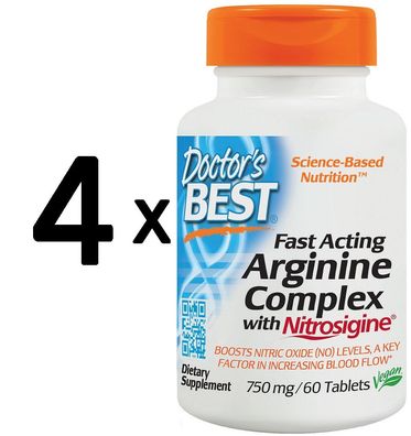 4 x Doctors Best Fast Acting Arginine Complex with Nitrosigine, 750mg - 60 tabs