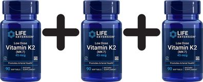 3 x Life Extension Low Dose Vitamin K2 (MK-7), 45mcg - 90 softgels