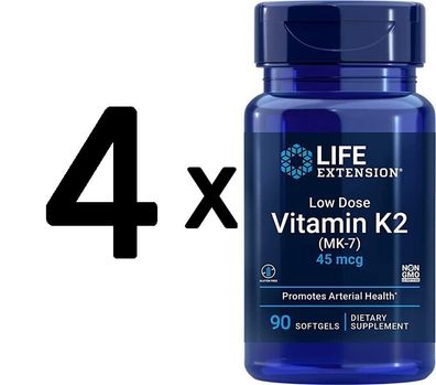 4 x Life Extension Low Dose Vitamin K2 (MK-7), 45mcg - 90 softgels
