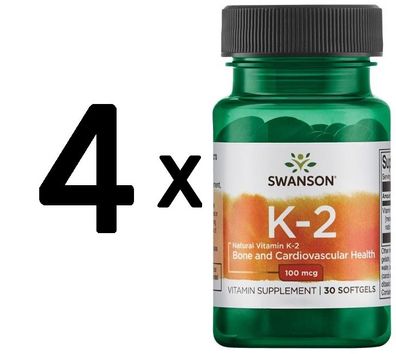 4 x Swanson Vitamin K-2 (Menaquinone-7 from Natto), 100mcg - 30 softgels