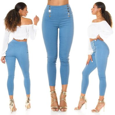 SeXy Miss Damen Business High Waist Leggings Knöpfe S/M 34/36 L/XL 38/40 Blau