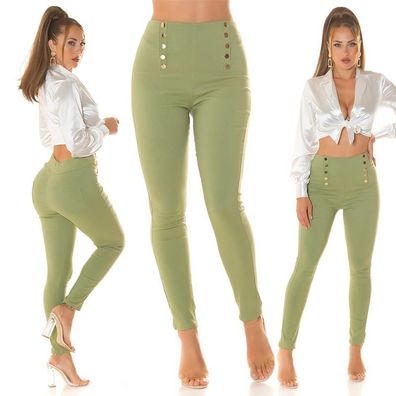 SeXy Miss Damen Business High Waist Leggings Knöpfe S/M 34/36 L/XL 38/40 Grün