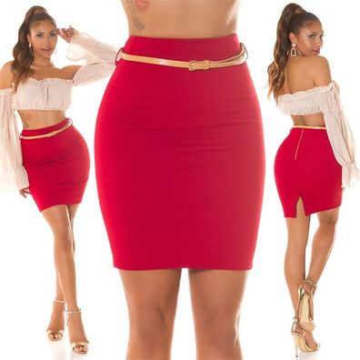 SeXy Miss Damen Business Highwaist Pencil Mini Rock Gürtel rot S 34 M 36