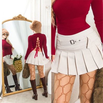 SeXy Miss Damen Kellerfalten Mini Rock Hot Pant Hose Gürtel beige S 34 M 36 L 38