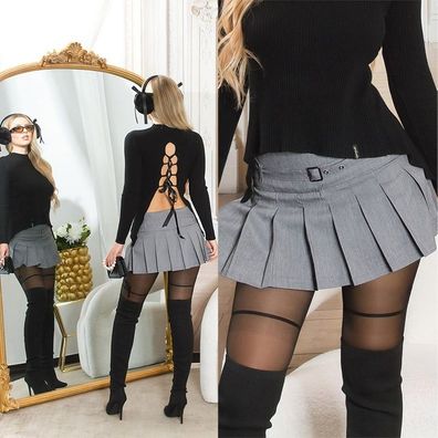 SeXy Miss Damen Kellerfalten Mini Rock Hot Pant Hose Gürtel grau S 34 M 36 L 38