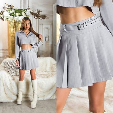SeXy Miss Damen Girly Highwaist Mini Rock Gürtel grau Nadelstreifen S 34 M 36 L 38