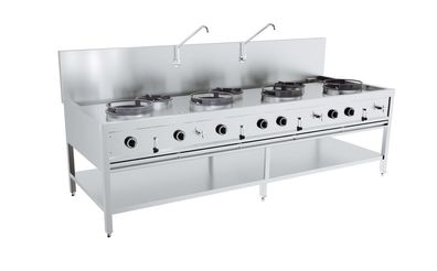 Combisteel Gas-Woktisch mit 7 Brenner und Grundboden 2500x900x750mm