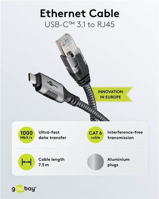 Ethernet-Kabel USB-C™ 3.1 auf RJ45, 7,5 m