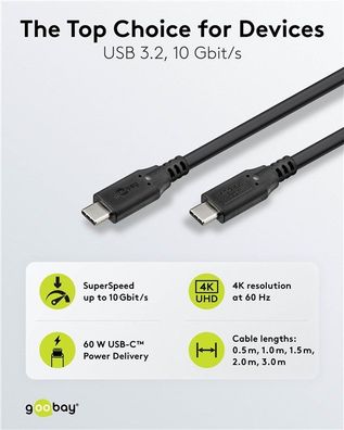 USB-C™-Kabel, USB 3.2, 60 W, 10 Gbit/s, Power Delivery, 0,5 m