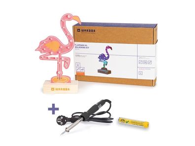 Lötkit, XL-Flamingo mit 19 RGB-LEDs und Holzhalter, Lötkolben und Lötzinn