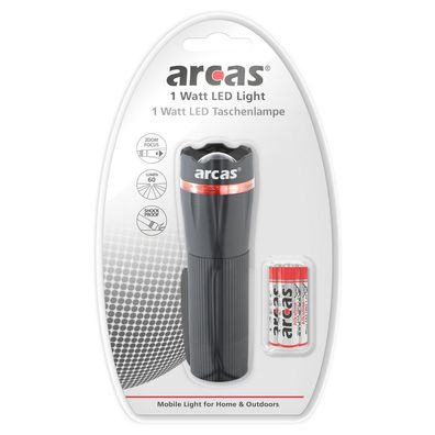 ARCAS - LED Kunststoff Taschenlampe - 1 Watt Zoom - 60 Lumen - schwarz