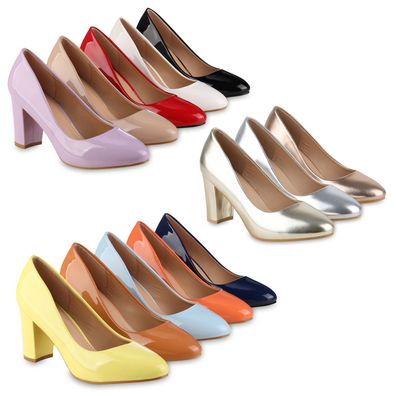 VAN HILL Damen Klassische Pumps Blockabsatz Elegante Lack Abend-Schuhe 837834