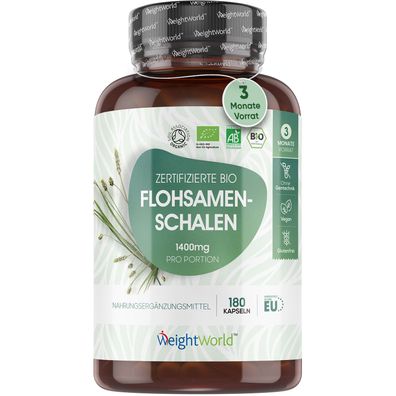 Bio Flohsamenschalen 1400mg pro Portion - 180 vegane Kapseln - 3 Monate Vorrat