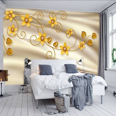 Vlies Fototapete Wandtapete Wandbilder 3D Golden Luxuriöse Blumen 1307