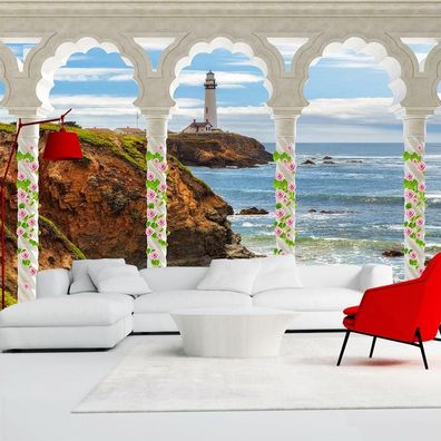 Vlies Fototapete Wandtapete Wandbilder 3D Säulengang Meeresblick 1310